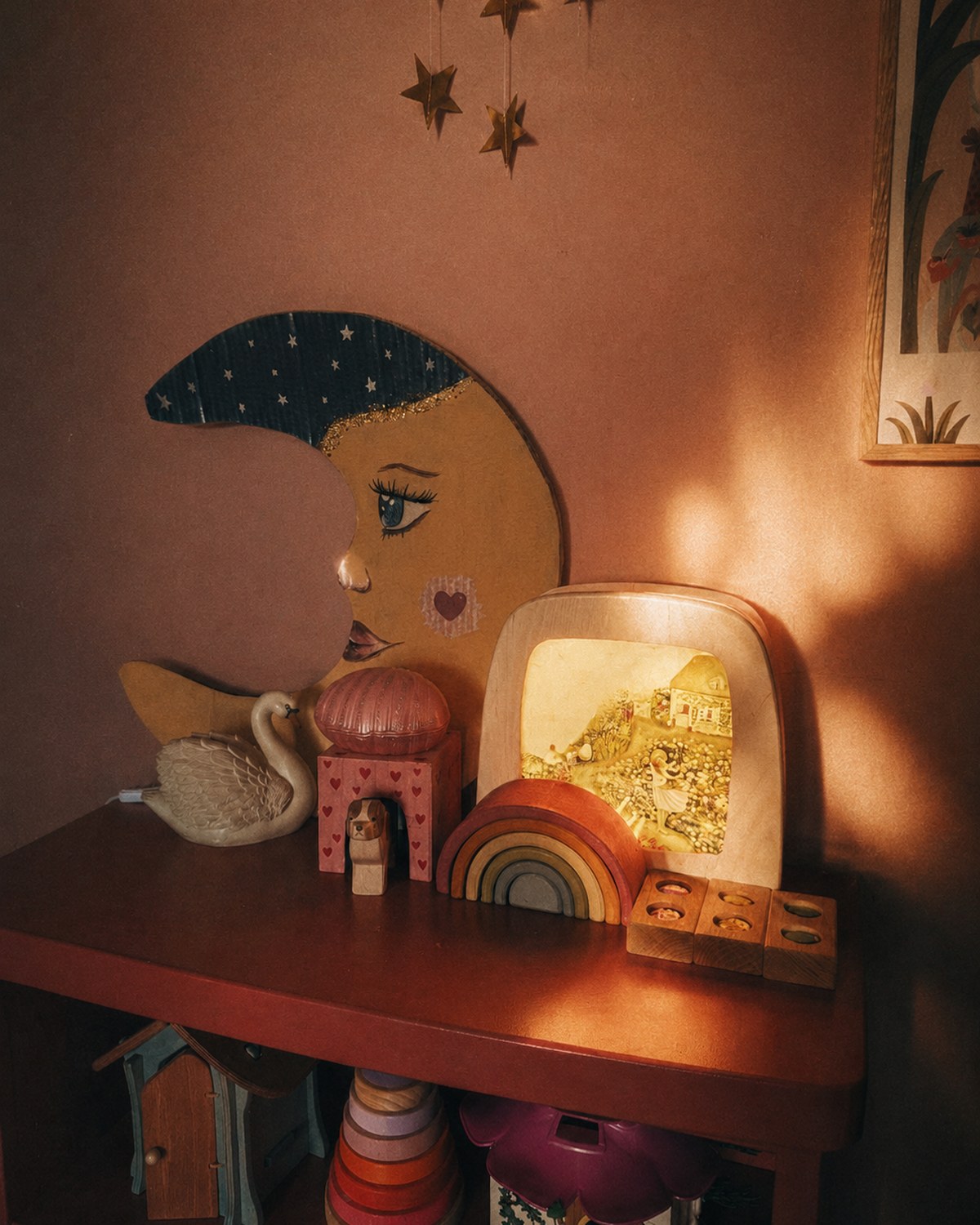 A bookshelf and a corner of the house